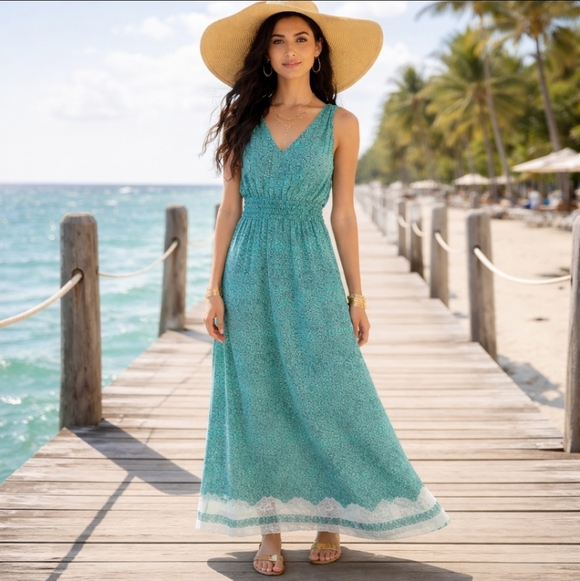 Max Studio Dresses & Skirts - MAX STUDIO Teal/Cream Floral Border Print V NECK MAXI Dress Sz M